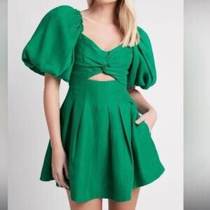 House of Harlow 1960 Green Puff Sleeve Cutout Mini Dress Linen Size 4